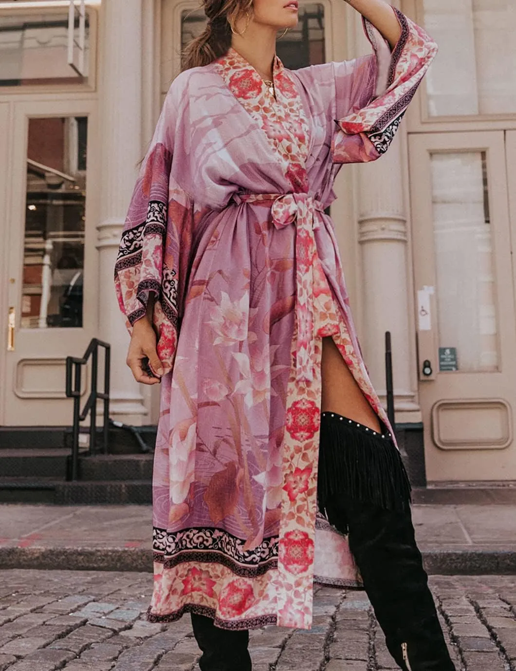 Beach Kimono Cardigans for Women Open Front Swimsuit Cover Up Graphic Print Bathing Suit