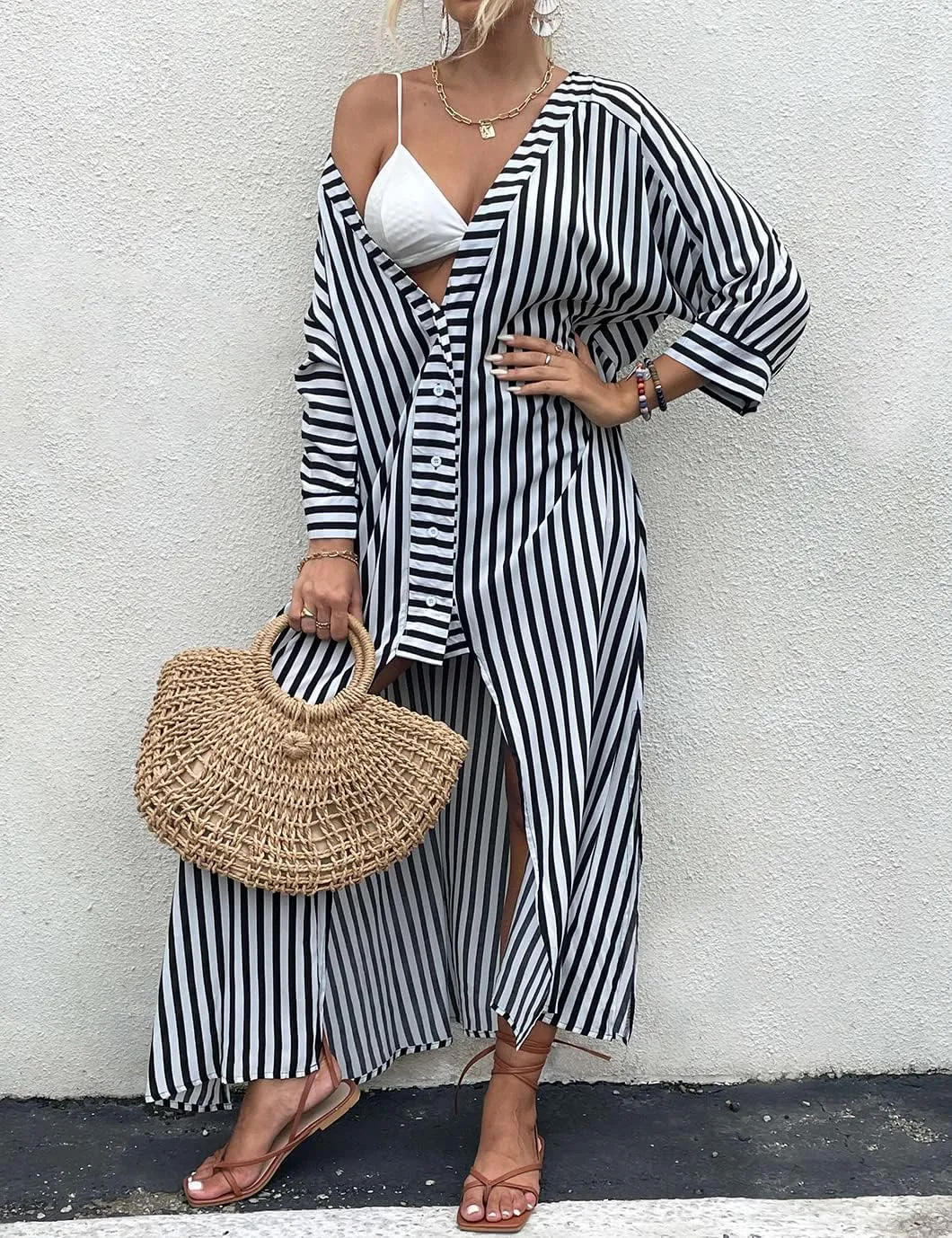 Beach Kimono Cardigans for Women Open Front Swimsuit Cover Up Graphic Print Bathing Suit