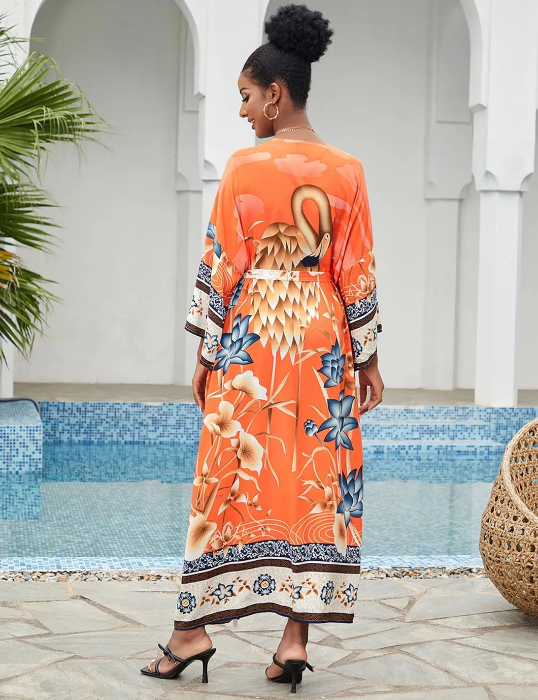 Beach Kimono Cardigans for Women Open Front Swimsuit Cover Up Graphic Print Bathing Suit