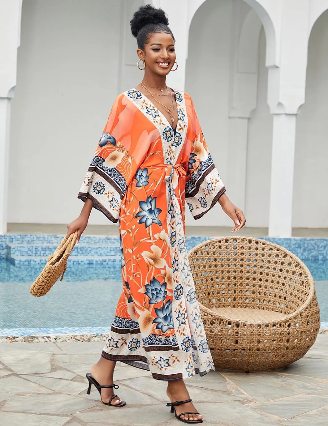 Beach Kimono Cardigans for Women Open Front Swimsuit Cover Up Graphic Print Bathing Suit