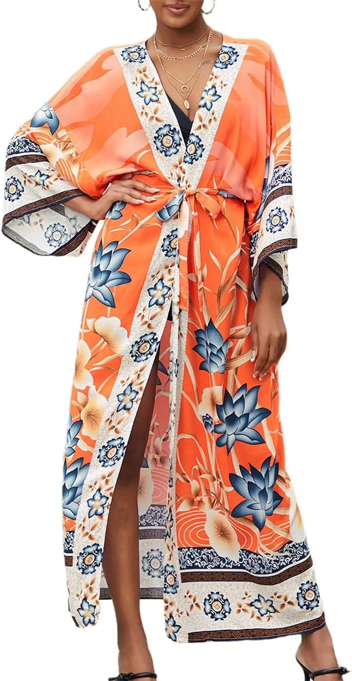 Beach Kimono Cardigans for Women Open Front Swimsuit Cover Up Graphic Print Bathing Suit