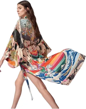 Beach Kimono Cardigans for Women Open Front Swimsuit Cover Up Graphic Print Bathing Suit
