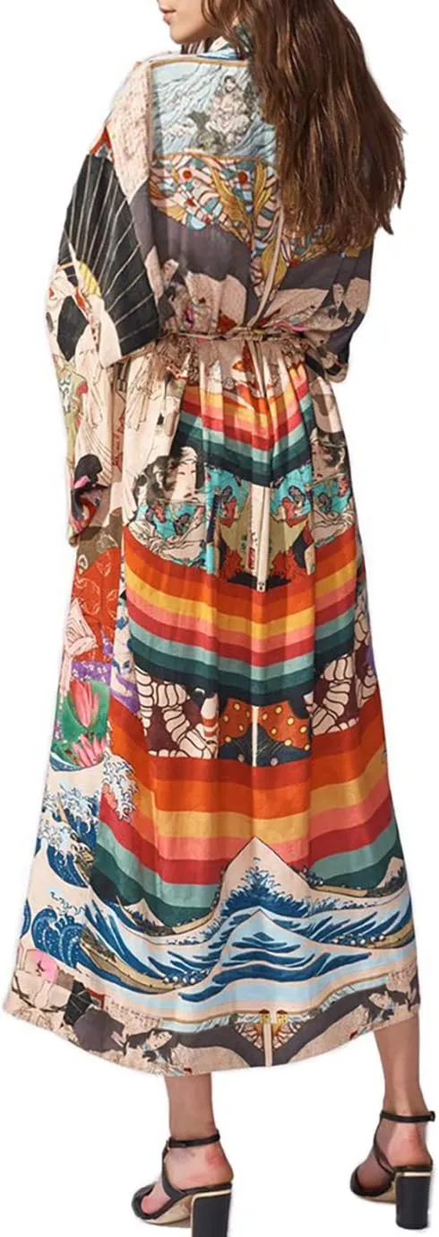 Beach Kimono Cardigans for Women Open Front Swimsuit Cover Up Graphic Print Bathing Suit