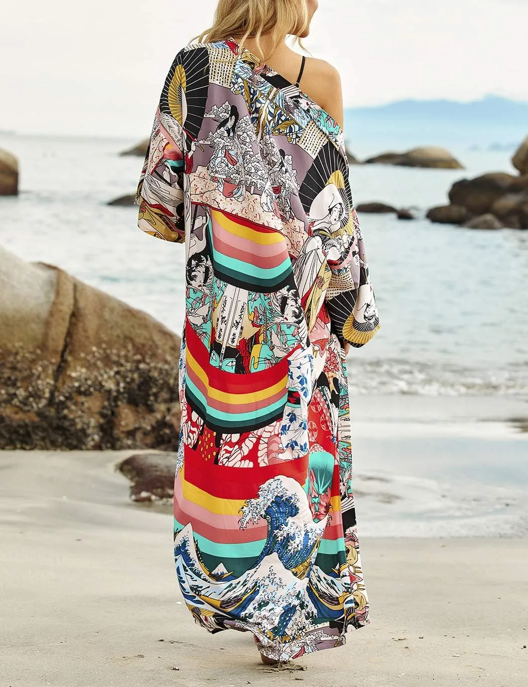 Beach Kimono Cardigans for Women Open Front Swimsuit Cover Up Graphic Print Bathing Suit