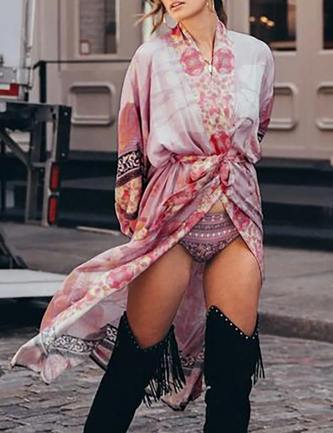 Beach Kimono Cardigans for Women Open Front Swimsuit Cover Up Graphic Print Bathing Suit