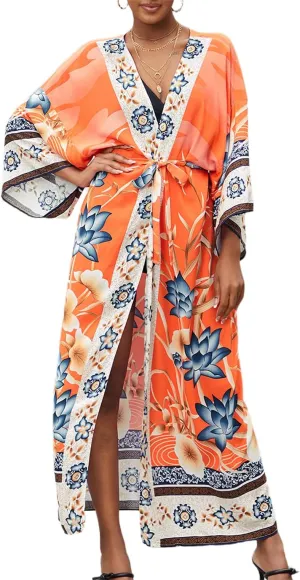 Beach Kimono Cardigans for Women Open Front Swimsuit Cover Up Graphic Print Bathing Suit