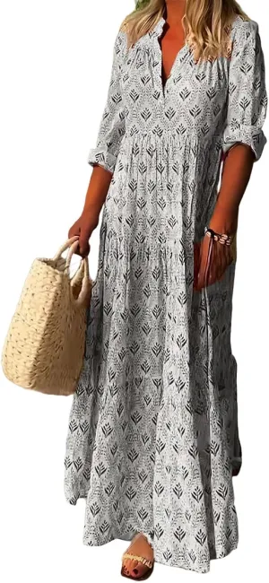 Bengbobar Women's Floral Print Boho Maxi Dress for Women Long Sleeve Casual Flowy Waist Mock Neck Beach Tunic Long Dress