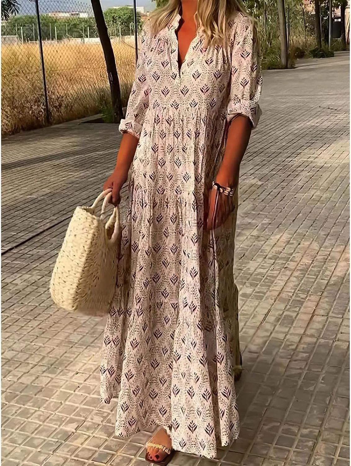 Bengbobar Women's Floral Print Boho Maxi Dress for Women Long Sleeve Casual Flowy Waist Mock Neck Beach Tunic Long Dress