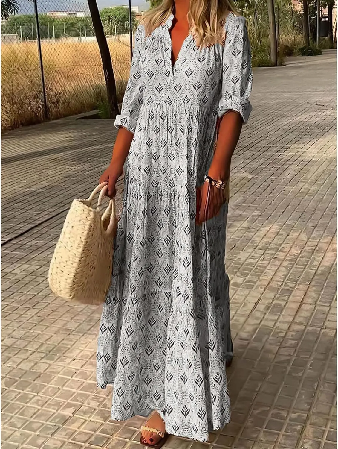Bengbobar Women's Floral Print Boho Maxi Dress for Women Long Sleeve Casual Flowy Waist Mock Neck Beach Tunic Long Dress