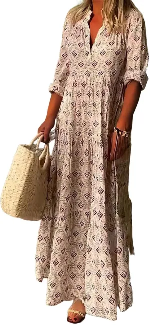 Bengbobar Women's Floral Print Boho Maxi Dress for Women Long Sleeve Casual Flowy Waist Mock Neck Beach Tunic Long Dress