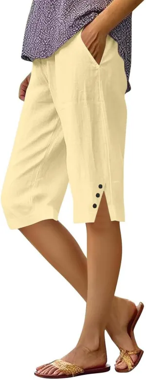 Bermuda Shorts for Women Knee Length Elastic Waist Long Wide Leg Linen Shorts Comfy Beach Capri Pants with Pockets