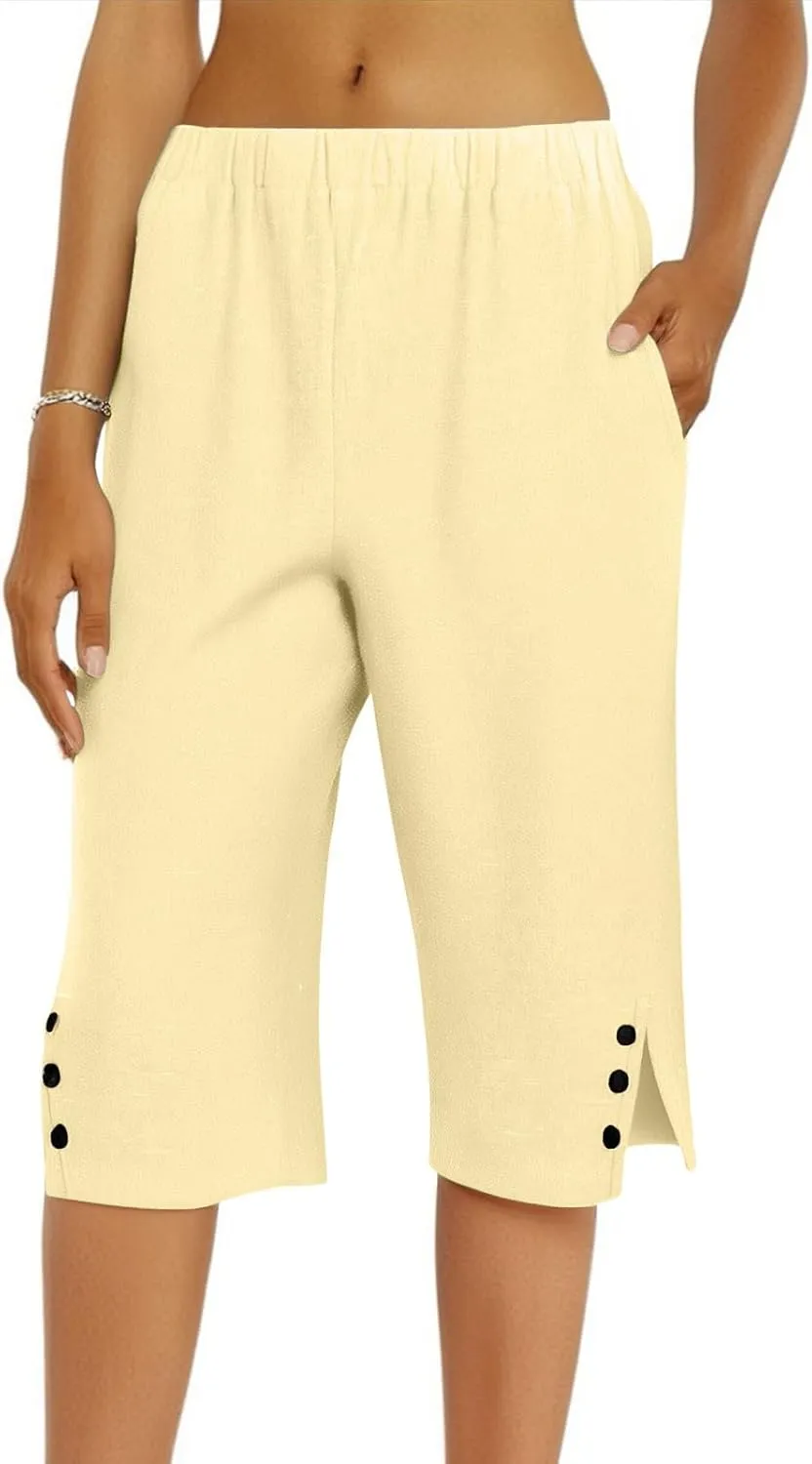 Bermuda Shorts for Women Knee Length Elastic Waist Long Wide Leg Linen Shorts Comfy Beach Capri Pants with Pockets