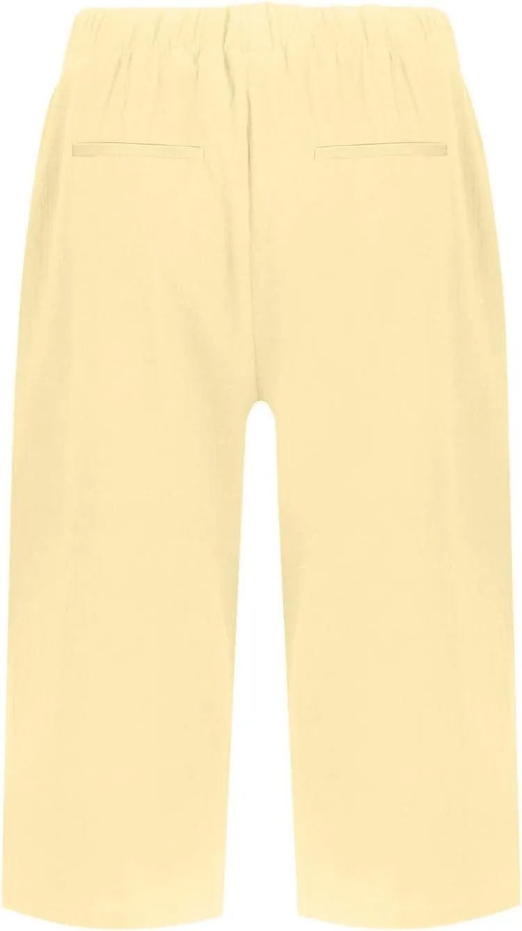 Bermuda Shorts for Women Knee Length Elastic Waist Long Wide Leg Linen Shorts Comfy Beach Capri Pants with Pockets