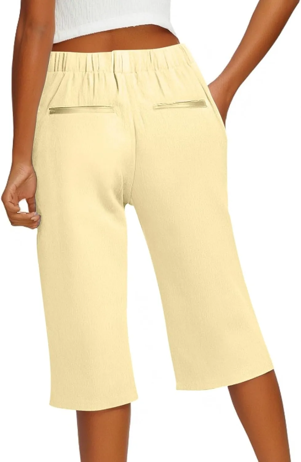 Bermuda Shorts for Women Knee Length Elastic Waist Long Wide Leg Linen Shorts Comfy Beach Capri Pants with Pockets