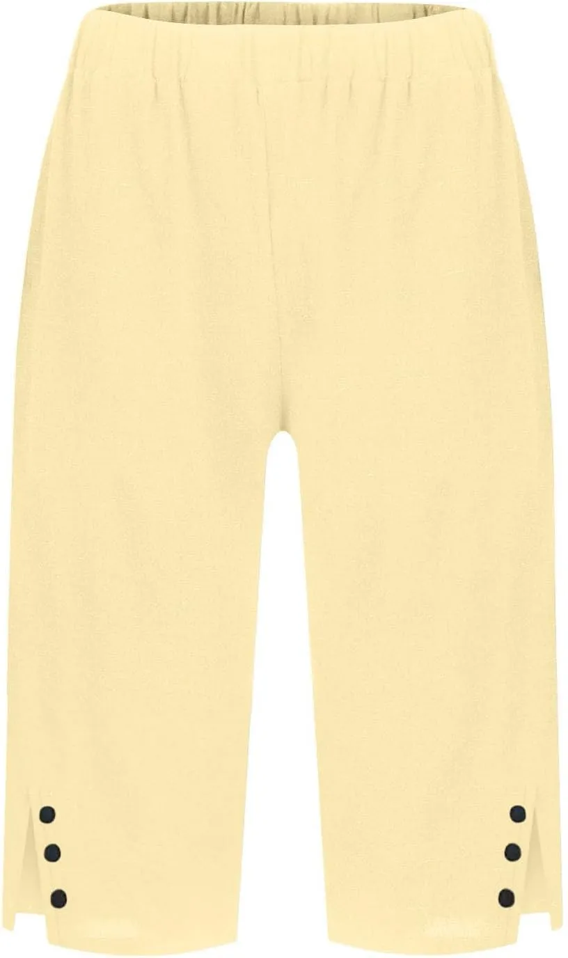 Bermuda Shorts for Women Knee Length Elastic Waist Long Wide Leg Linen Shorts Comfy Beach Capri Pants with Pockets