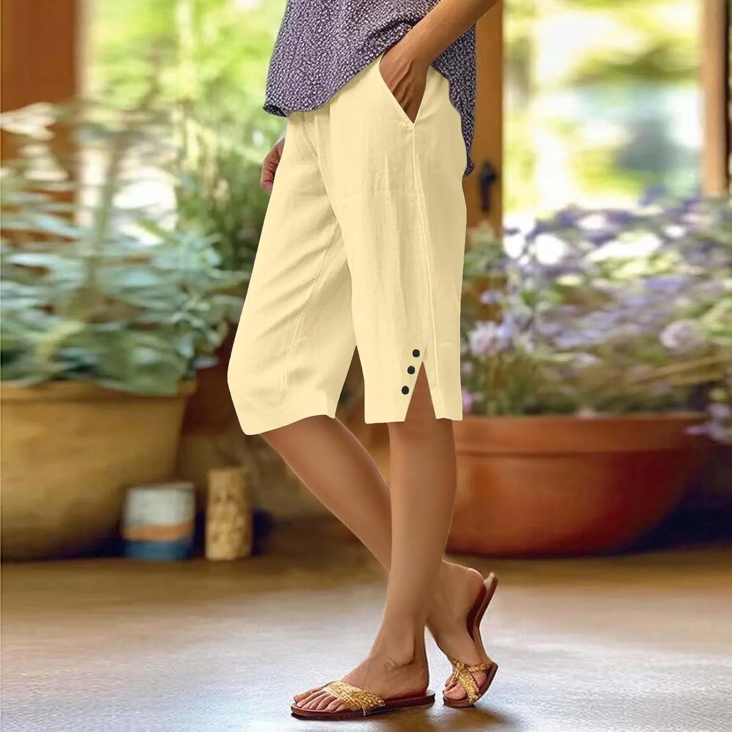 Bermuda Shorts for Women Knee Length Elastic Waist Long Wide Leg Linen Shorts Comfy Beach Capri Pants with Pockets