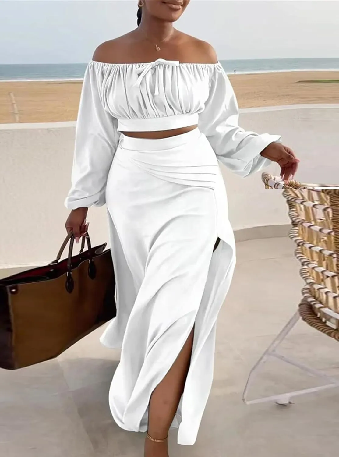 Bluewolfsea Women Sexy 2 Piece Outfits Long Sleeve Off Shoulder Crop Top Slit Maxi Skirt Set Two Piece Maxi Dress