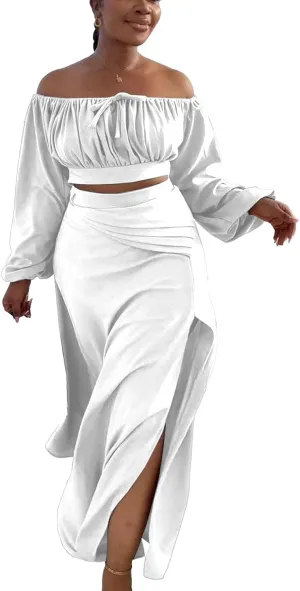 Bluewolfsea Women Sexy 2 Piece Outfits Long Sleeve Off Shoulder Crop Top Slit Maxi Skirt Set Two Piece Maxi Dress