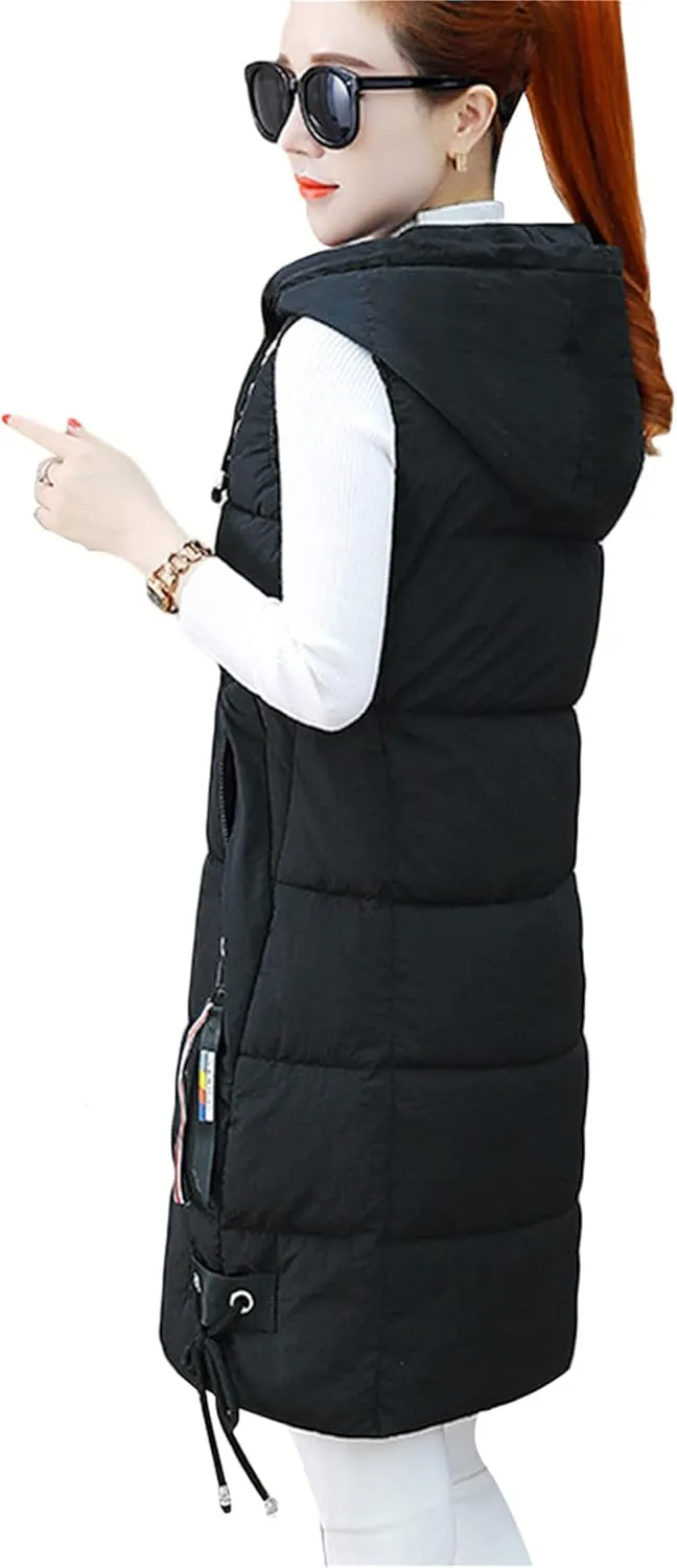 BOFETA Women's Long Cotton Padded Vest Zipper up Solid Color Quilted Puffer Hooded Vest Jackets with Pockets