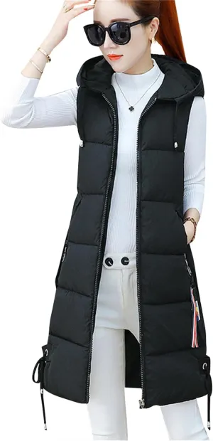 BOFETA Women's Long Cotton Padded Vest Zipper up Solid Color Quilted Puffer Hooded Vest Jackets with Pockets