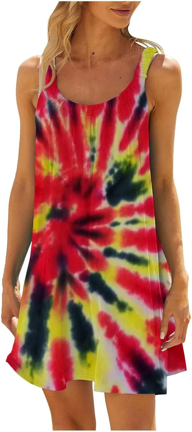 Boho Dresses for Women 2024 Printed Crewneck Sleeveless Sexy Mini Dress Beach Vacation Sundress Flowy Swing Cover Ups