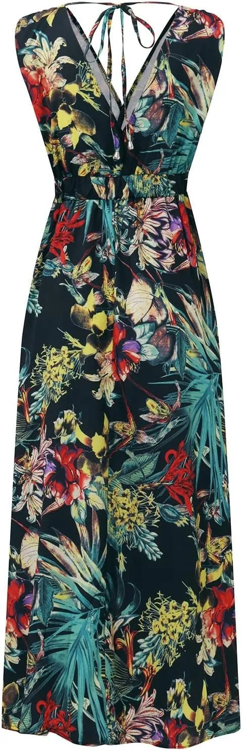 Boho Dresses for Women 2025 Summer Casual Floral Tropical Wrap Sleeveless High Waisted Sexy Flowy Beach Maxi Dresses