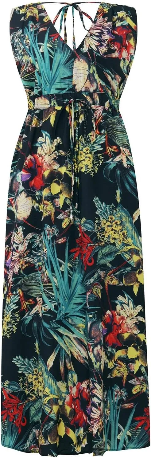 Boho Dresses for Women 2025 Summer Casual Floral Tropical Wrap Sleeveless High Waisted Sexy Flowy Beach Maxi Dresses