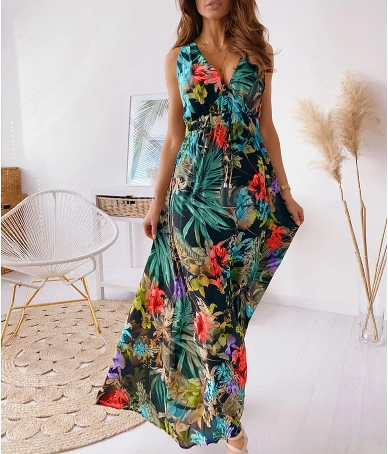 Boho Dresses for Women 2025 Summer Casual Floral Tropical Wrap Sleeveless High Waisted Sexy Flowy Beach Maxi Dresses