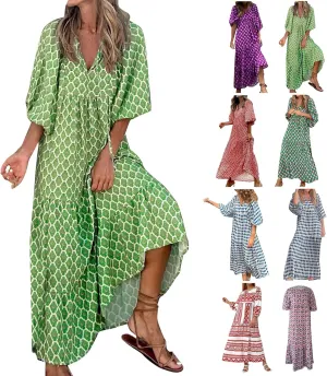 Boho Maxi Dresses for Women 2025 Summer Casual Bohemian Dress Pleated Tiered Dresses Long Flowy Dress Travel Outfit