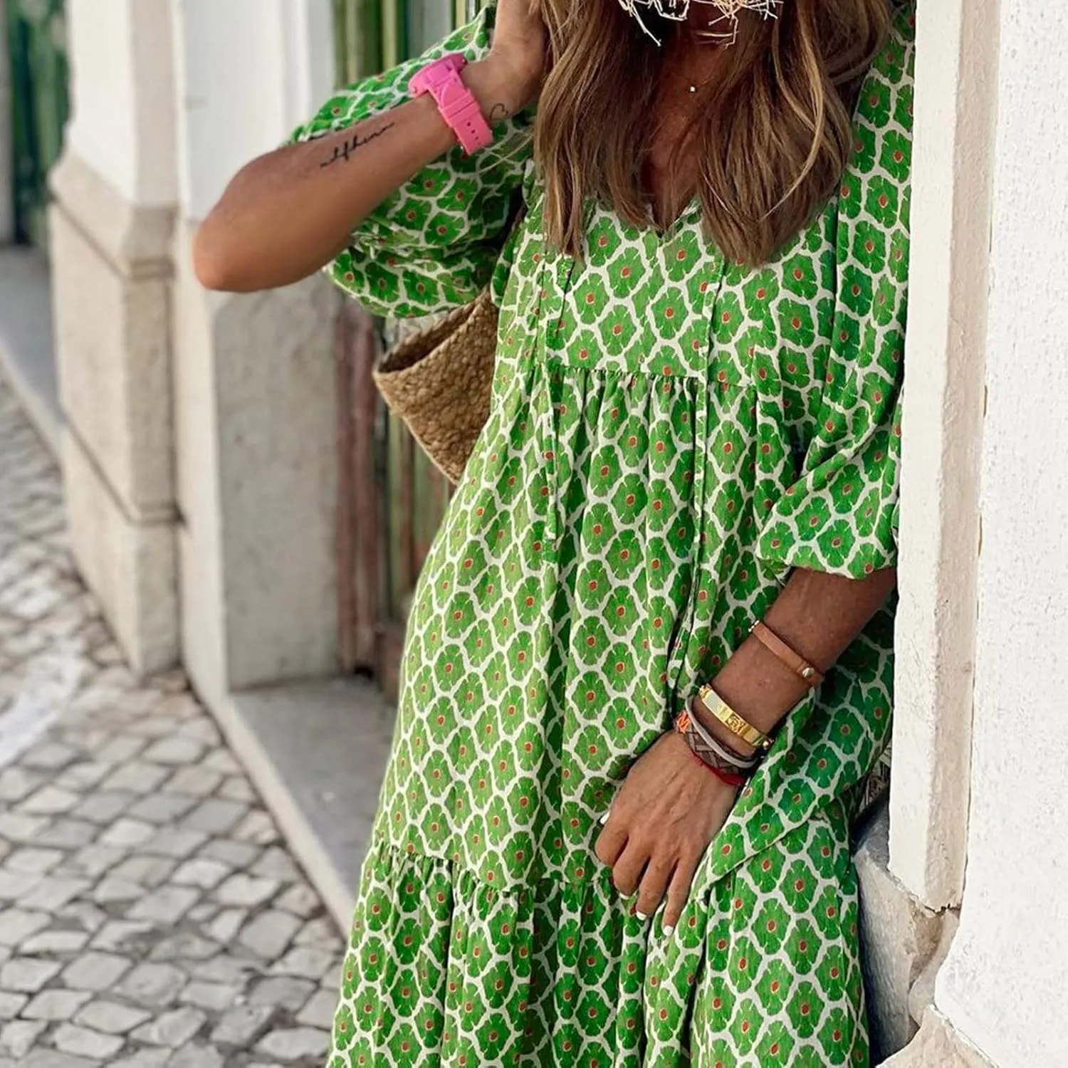 Boho Maxi Dresses for Women 2025 Summer Casual Bohemian Dress Pleated Tiered Dresses Long Flowy Dress Travel Outfit