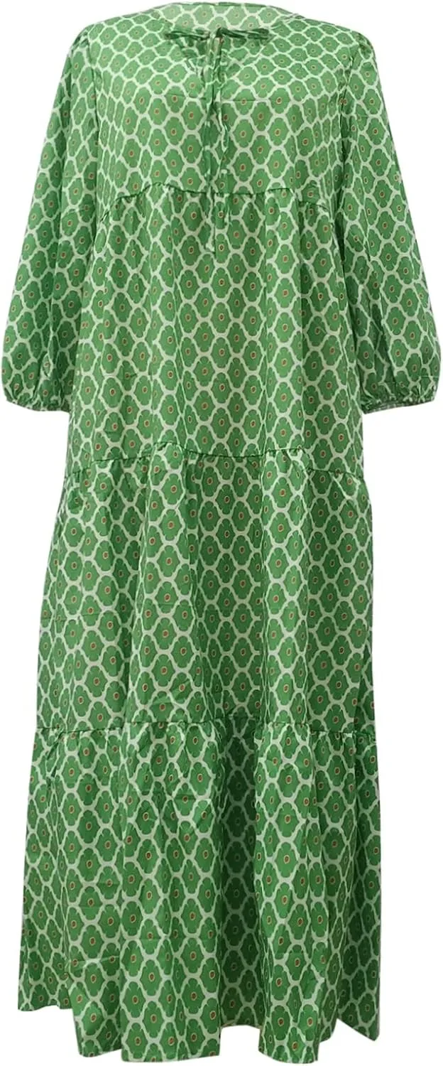 Boho Maxi Dresses for Women 2025 Summer Casual Bohemian Dress Pleated Tiered Dresses Long Flowy Dress Travel Outfit