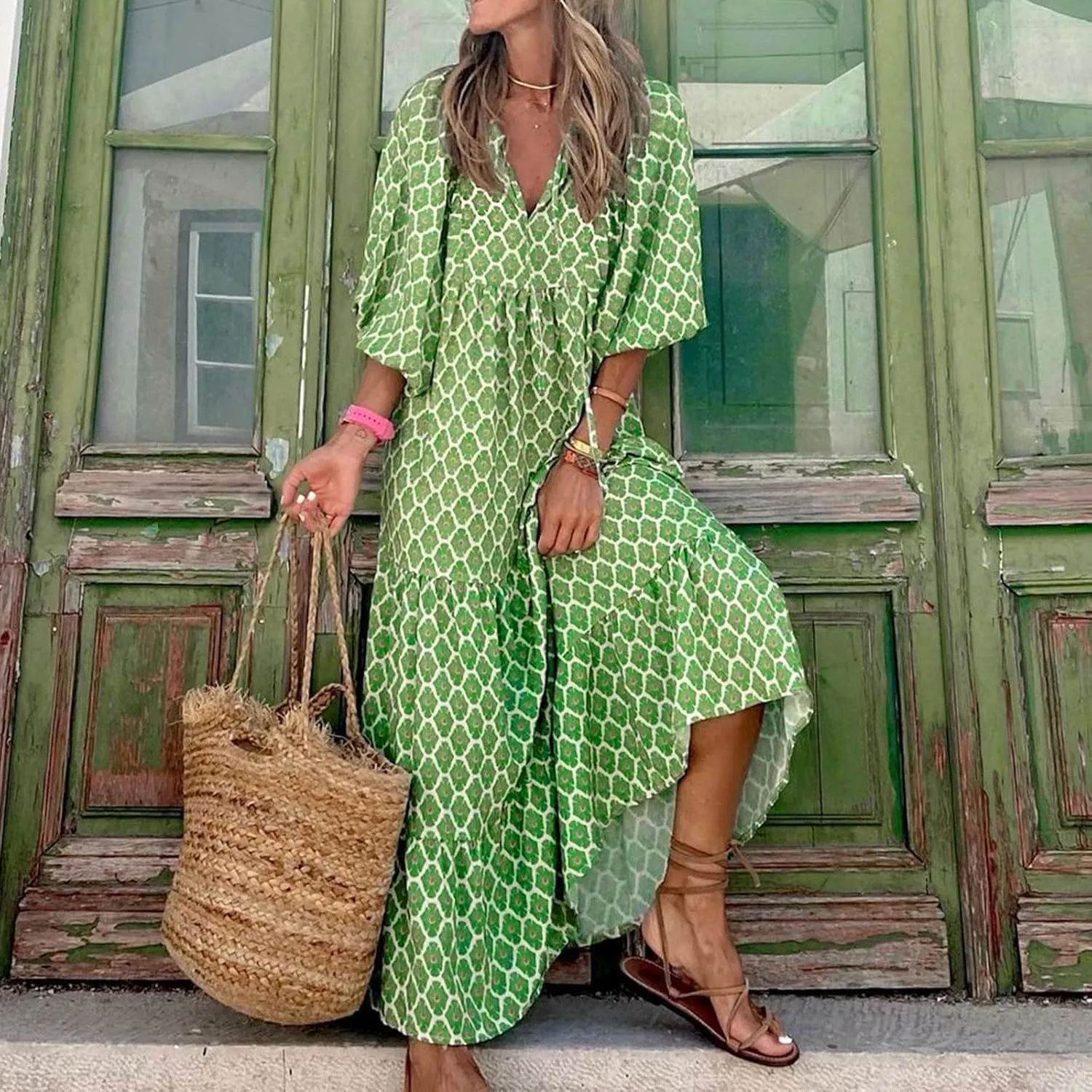 Boho Maxi Dresses for Women 2025 Summer Casual Bohemian Dress Pleated Tiered Dresses Long Flowy Dress Travel Outfit