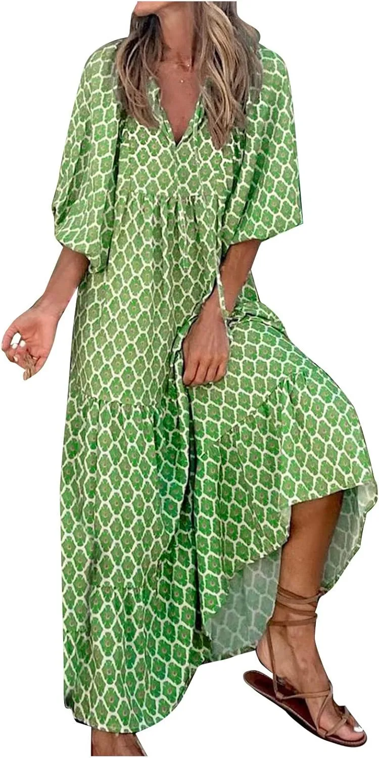 Boho Maxi Dresses for Women 2025 Summer Casual Bohemian Dress Pleated Tiered Dresses Long Flowy Dress Travel Outfit