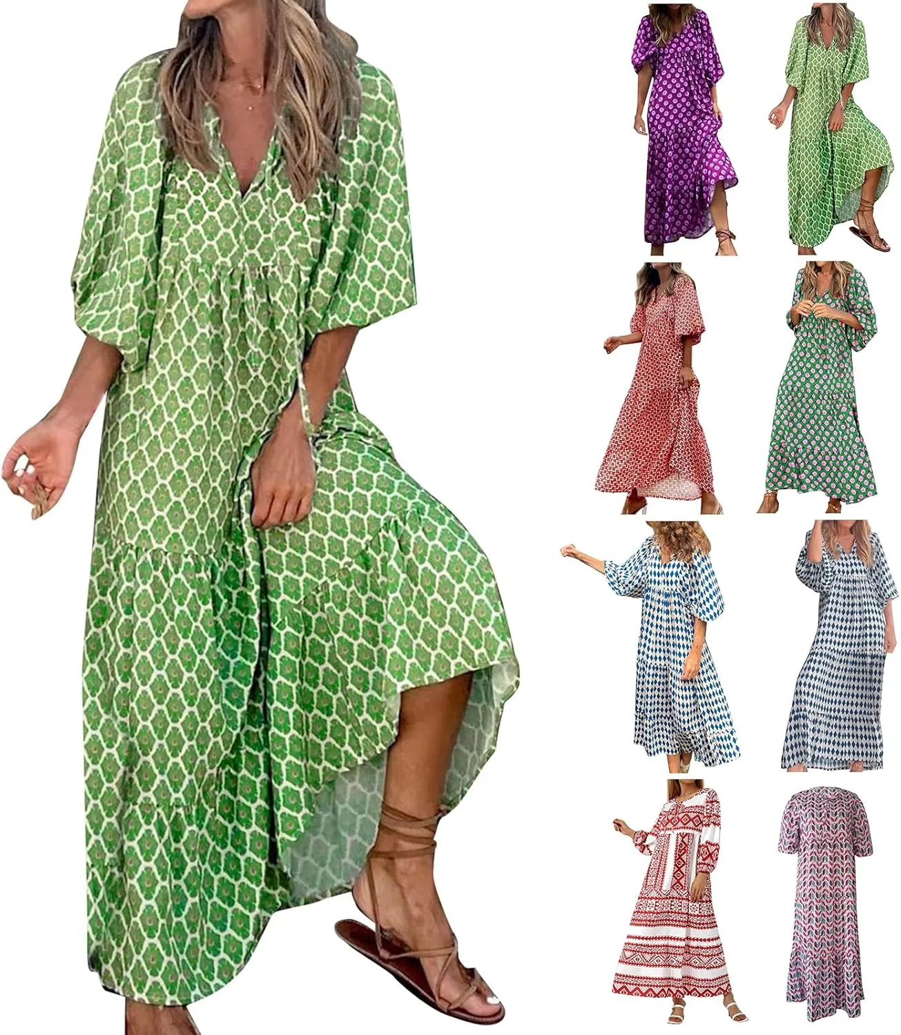 Boho Maxi Dresses for Women 2025 Summer Casual Bohemian Dress Pleated Tiered Dresses Long Flowy Dress Travel Outfit