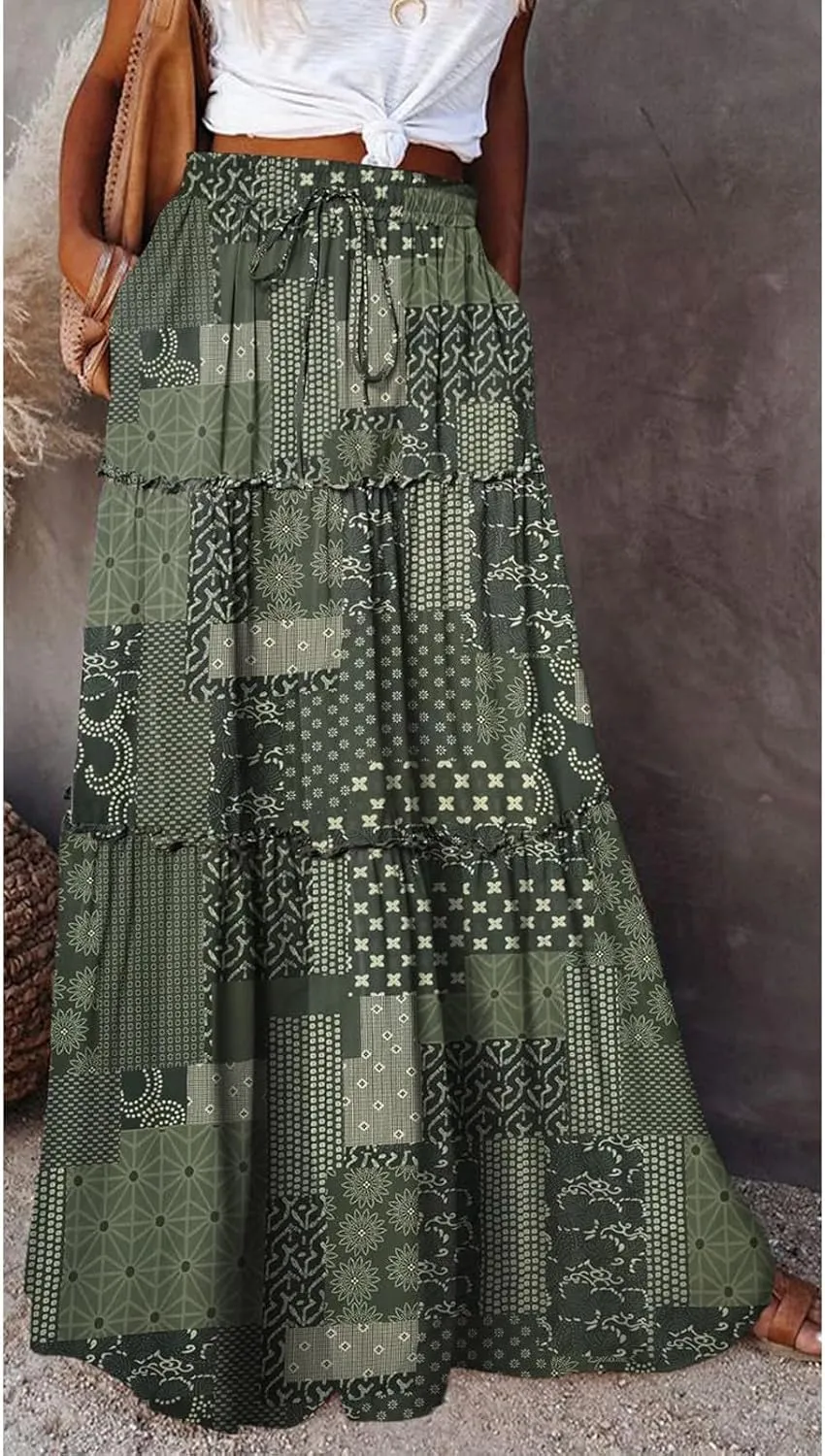 Boho Maxi Skirts for Women 2025 Summer Floral Flowy High Waisted Plus Size A Line Tiered Long Skirt with Pockets