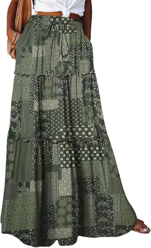 Boho Maxi Skirts for Women 2025 Summer Floral Flowy High Waisted Plus Size A Line Tiered Long Skirt with Pockets