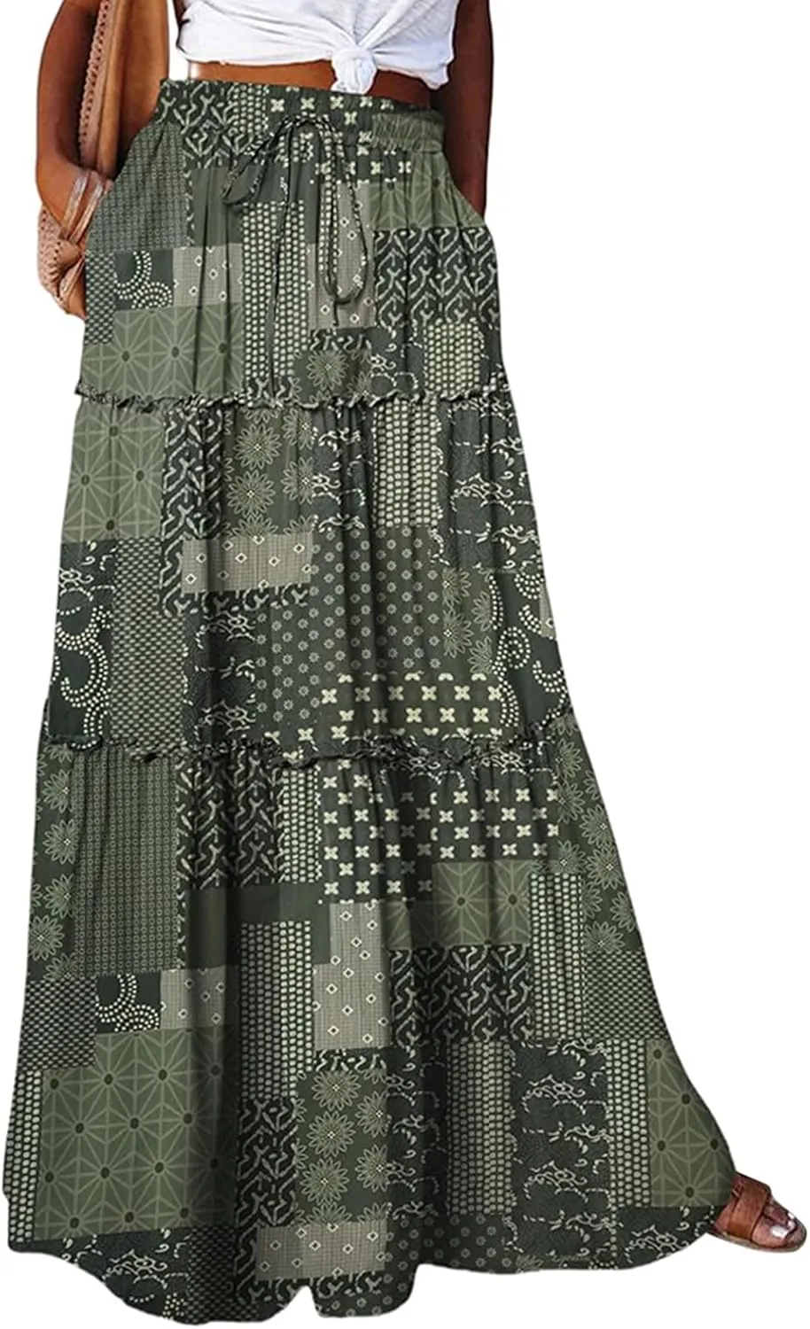 Boho Maxi Skirts for Women 2025 Summer Floral Flowy High Waisted Plus Size A Line Tiered Long Skirt with Pockets