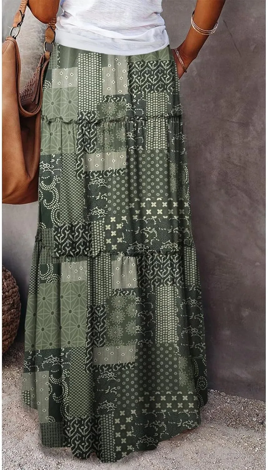Boho Maxi Skirts for Women 2025 Summer Floral Flowy High Waisted Plus Size A Line Tiered Long Skirt with Pockets