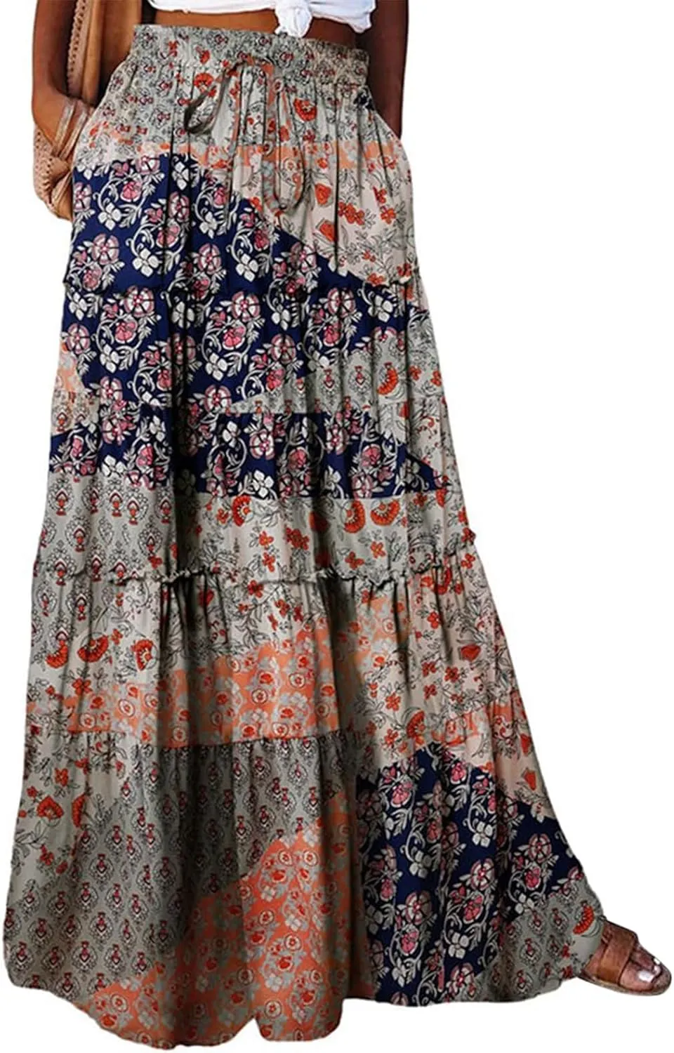 Boho Maxi Skirts for Women Pleated High Waisted Tiered A Line Skirt 2025 Summer Casual Flowy Long Skirts with Pockets