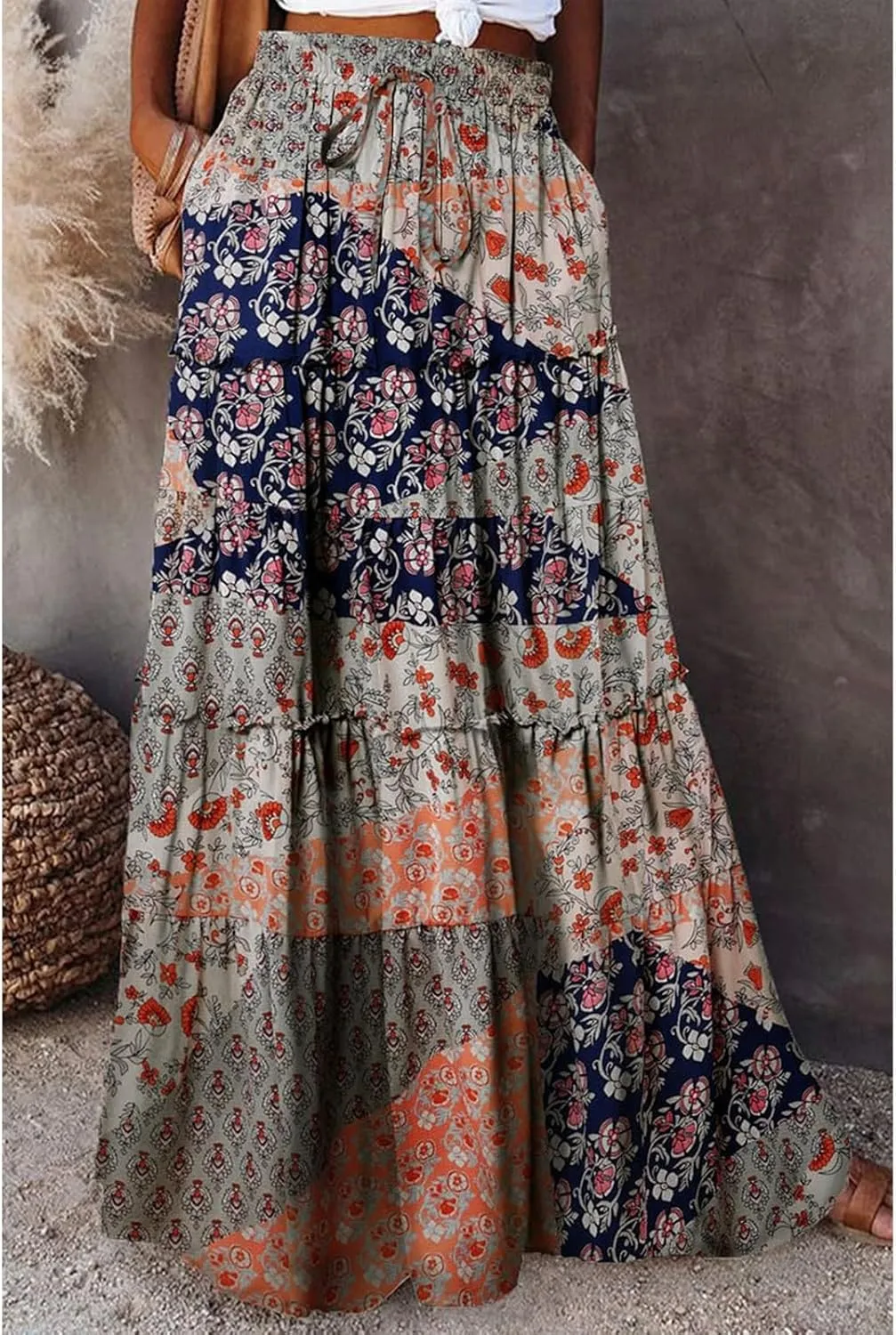 Boho Maxi Skirts for Women Pleated High Waisted Tiered A Line Skirt 2025 Summer Casual Flowy Long Skirts with Pockets