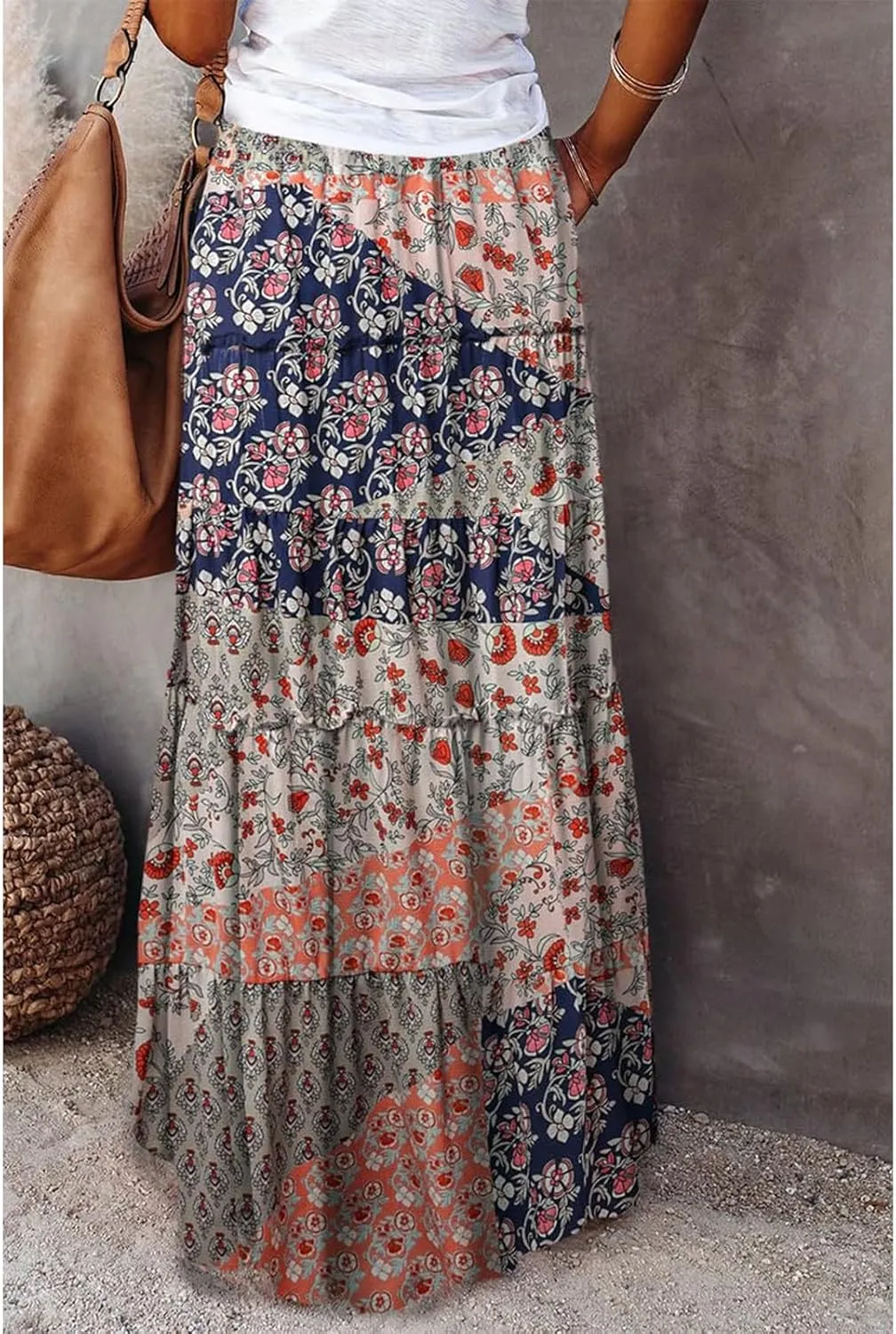 Boho Maxi Skirts for Women Pleated High Waisted Tiered A Line Skirt 2025 Summer Casual Flowy Long Skirts with Pockets