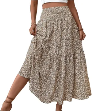 Boho Skirts for Women - High Waisted Floral Maxi Skirt with Pockets, Elastic Waist Flowy Beach Vacation Dress