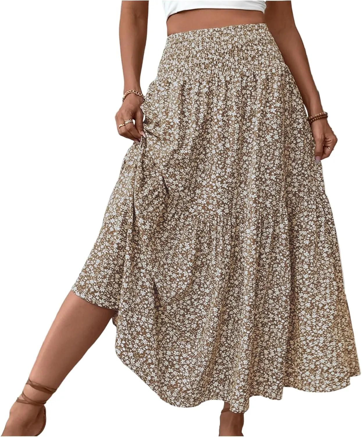 Boho Skirts for Women - High Waisted Floral Maxi Skirt with Pockets, Elastic Waist Flowy Beach Vacation Dress