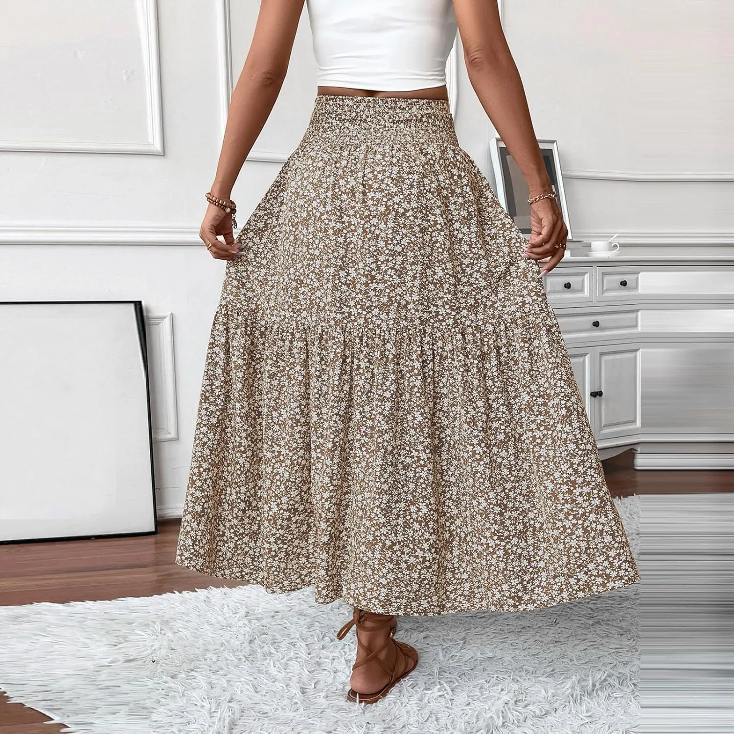 Boho Skirts for Women - High Waisted Floral Maxi Skirt with Pockets, Elastic Waist Flowy Beach Vacation Dress