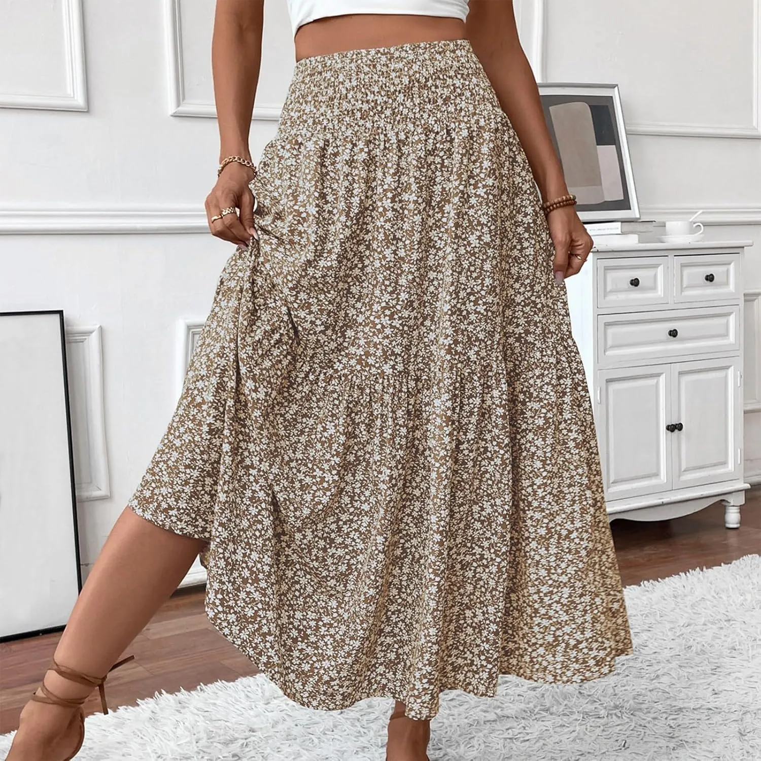 Boho Skirts for Women - High Waisted Floral Maxi Skirt with Pockets, Elastic Waist Flowy Beach Vacation Dress