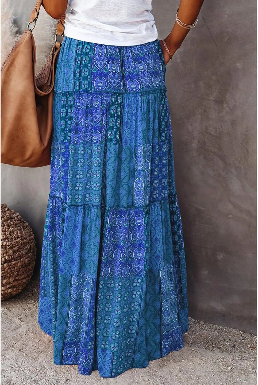 Boho Womens Tiered High Waist Tie Paisley Floral Print Long Maxi Skirt with Pockets