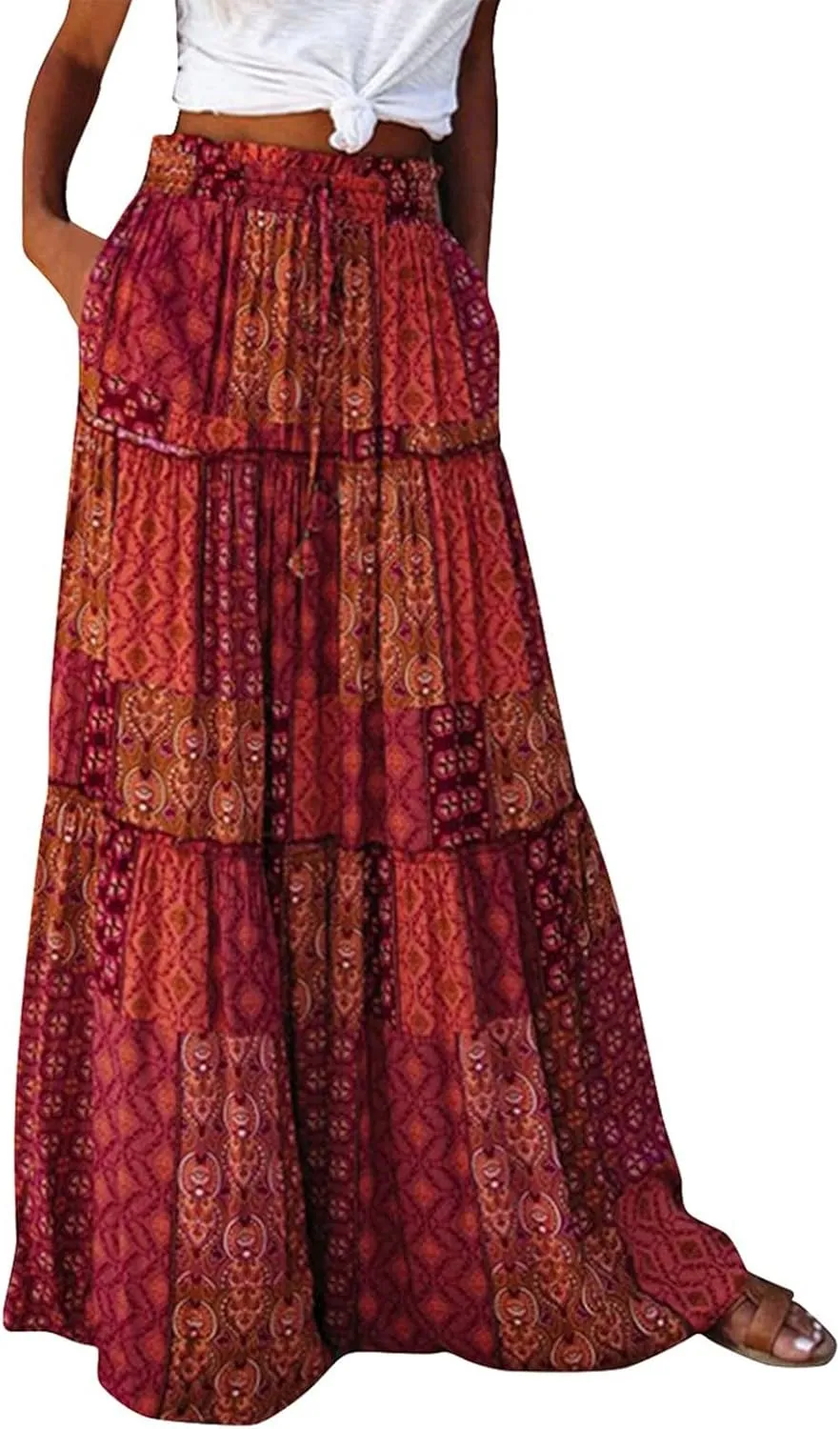 Boho Womens Tiered High Waist Tie Paisley Floral Print Long Maxi Skirt with Pockets
