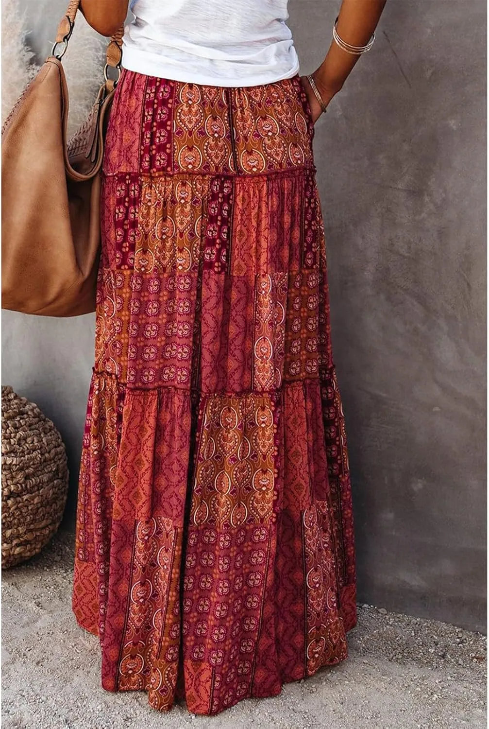 Boho Womens Tiered High Waist Tie Paisley Floral Print Long Maxi Skirt with Pockets