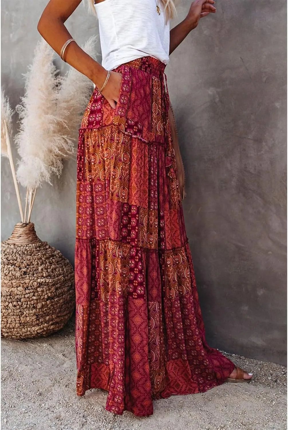Boho Womens Tiered High Waist Tie Paisley Floral Print Long Maxi Skirt with Pockets