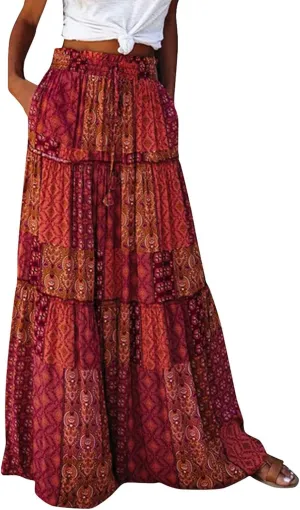 Boho Womens Tiered High Waist Tie Paisley Floral Print Long Maxi Skirt with Pockets